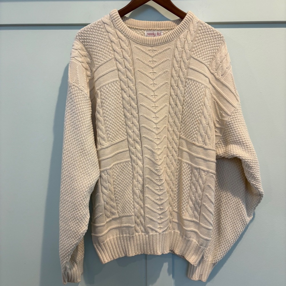 Vintage USA Made Fisherman Sweater Chunky Textured Cable Knit Womens Cream XL - Picture 2 of 10
